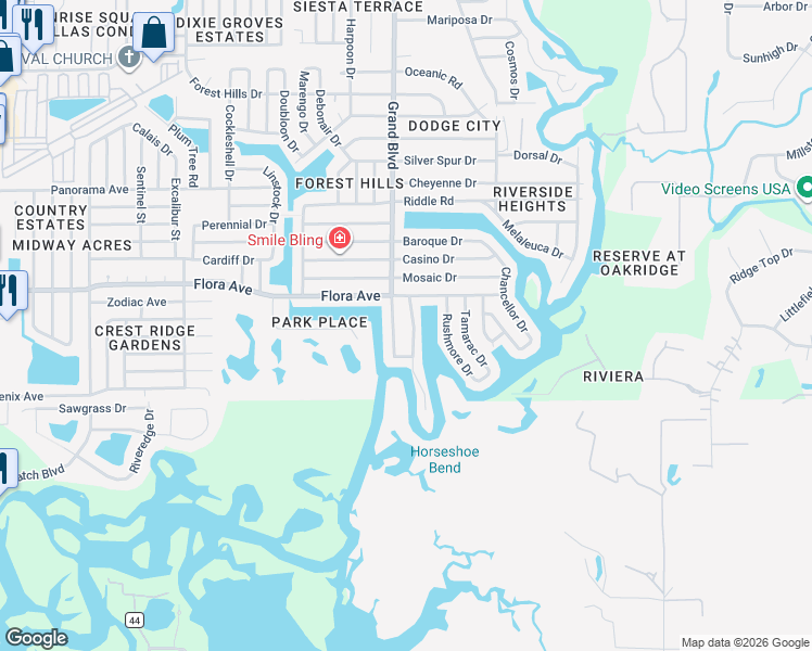 map of restaurants, bars, coffee shops, grocery stores, and more near 1137 Lodestar Drive in Holiday