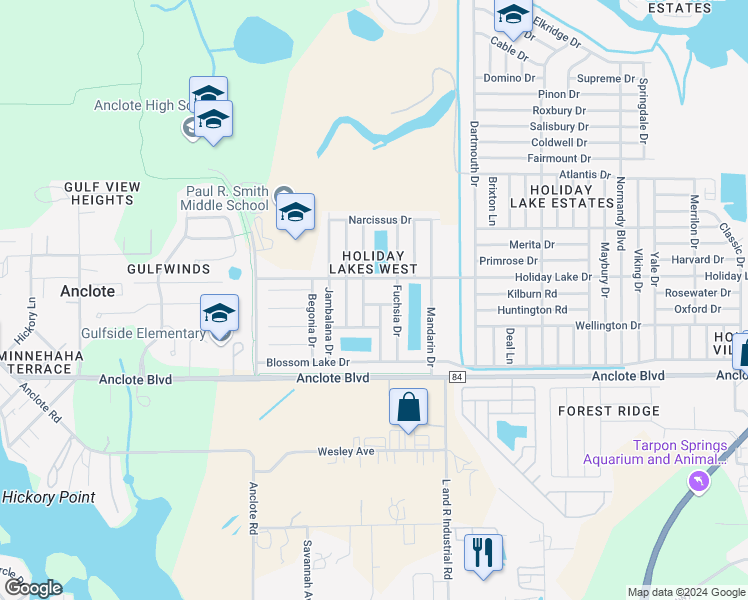 map of restaurants, bars, coffee shops, grocery stores, and more near 2727 Whether Drive in Holiday
