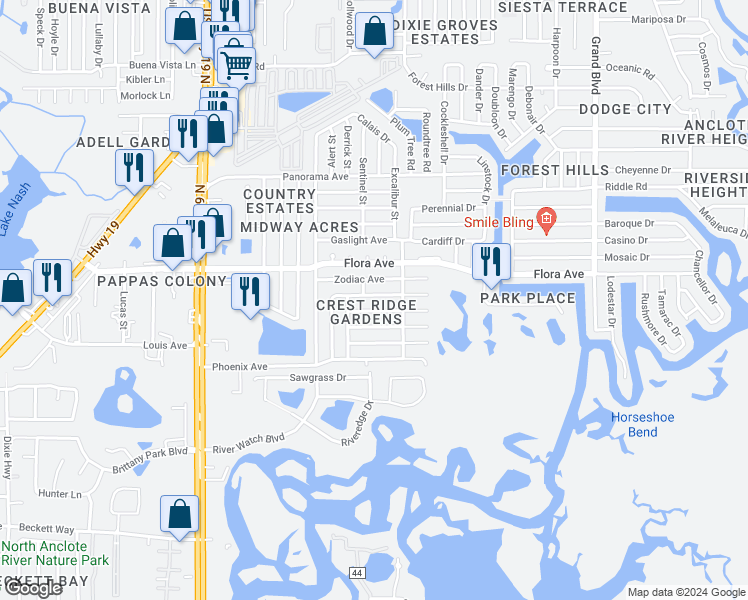 map of restaurants, bars, coffee shops, grocery stores, and more near 4912 Odyssey Avenue in Holiday