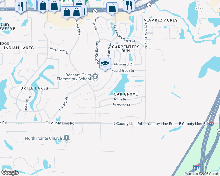 map of restaurants, bars, coffee shops, grocery stores, and more near 1317 Avonwood Court in Lutz