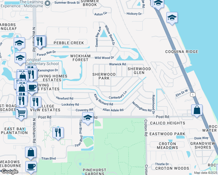 map of restaurants, bars, coffee shops, grocery stores, and more near 4244 Sherwood Boulevard in Melbourne