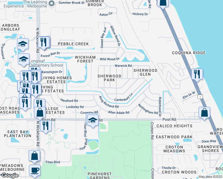 map of restaurants, bars, coffee shops, grocery stores, and more near 4244 Sherwood Boulevard in Melbourne