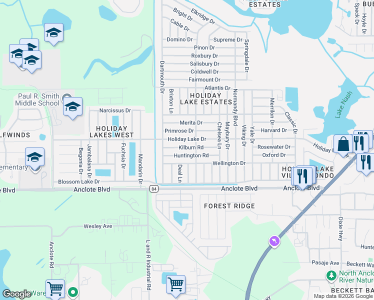 map of restaurants, bars, coffee shops, grocery stores, and more near 3110 Kilburn Road in Holiday