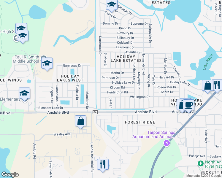 map of restaurants, bars, coffee shops, grocery stores, and more near 3110 Kilburn Road in Holiday