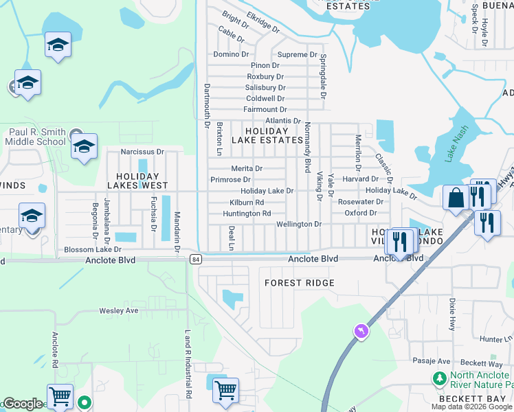map of restaurants, bars, coffee shops, grocery stores, and more near 3208 Kilburn Road in Holiday