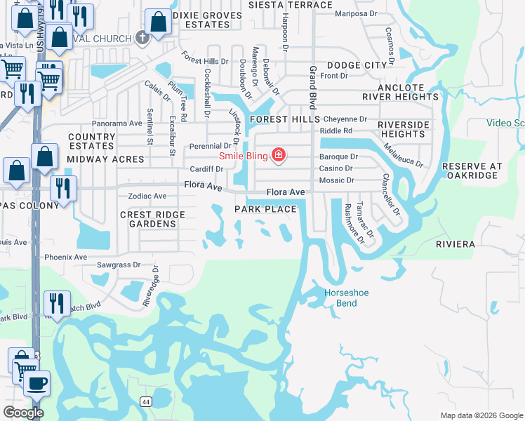 map of restaurants, bars, coffee shops, grocery stores, and more near 5305 Boardwalk Street in Holiday