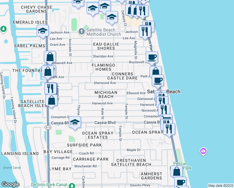 map of restaurants, bars, coffee shops, grocery stores, and more near 320 Glenwood Avenue in Satellite Beach