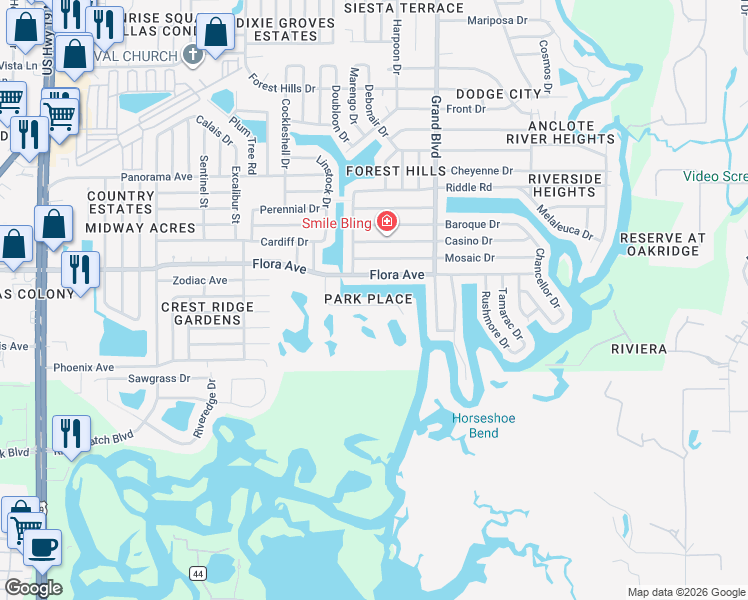 map of restaurants, bars, coffee shops, grocery stores, and more near 5311 Boardwalk Street in Holiday