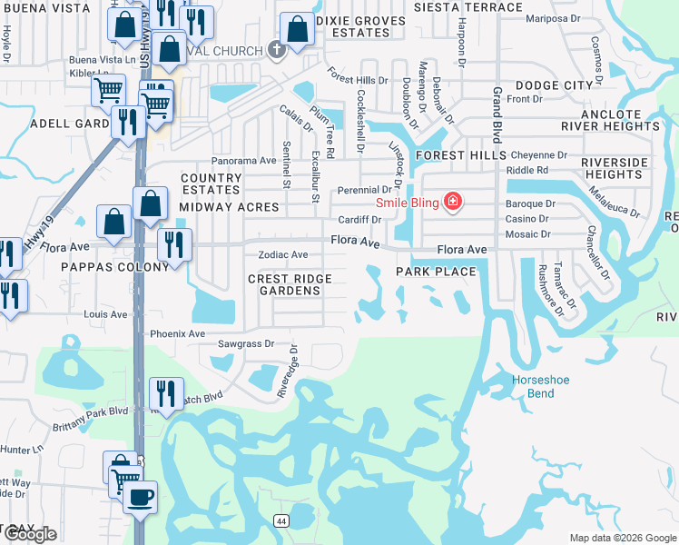 map of restaurants, bars, coffee shops, grocery stores, and more near 5024 Odyssey Avenue in Holiday
