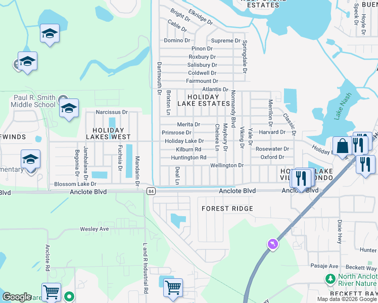 map of restaurants, bars, coffee shops, grocery stores, and more near 3142 Kilburn Road in Holiday