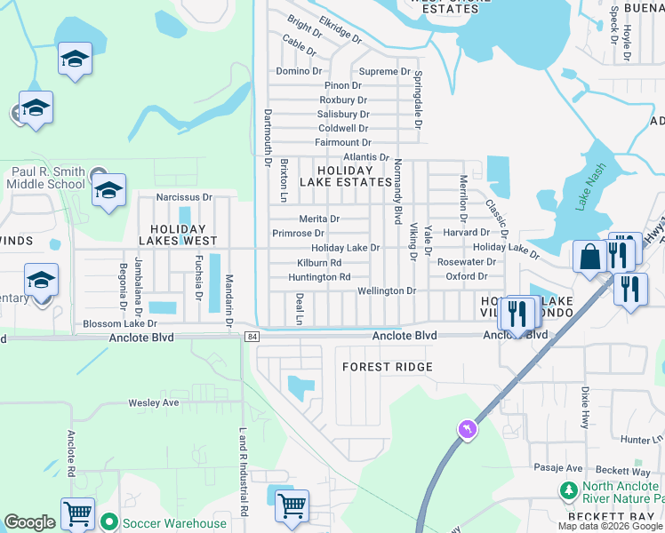 map of restaurants, bars, coffee shops, grocery stores, and more near 3208 Kilburn Road in Holiday