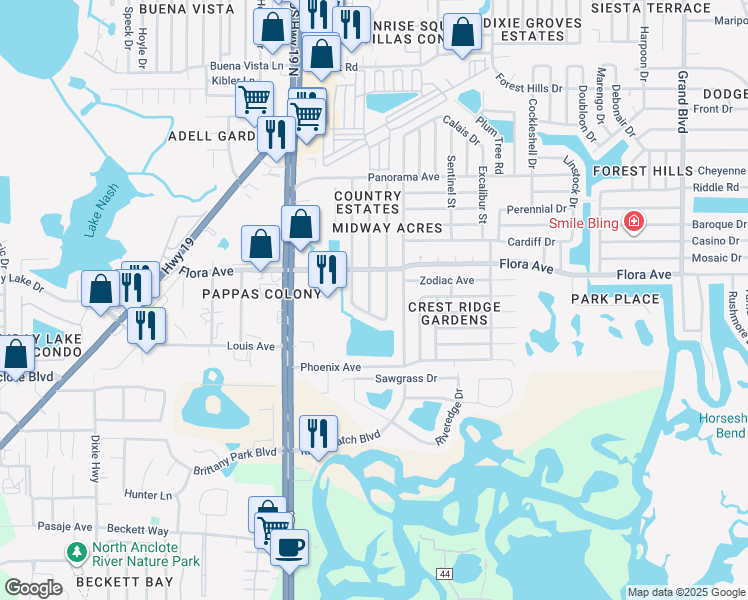 map of restaurants, bars, coffee shops, grocery stores, and more near 1142 Honor Drive in Holiday