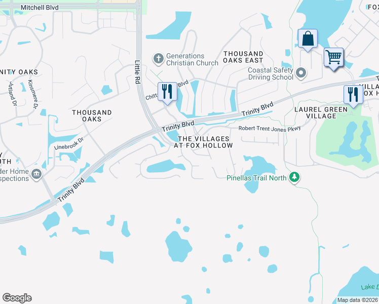 map of restaurants, bars, coffee shops, grocery stores, and more near 9222 Bonnington Drive in Trinity