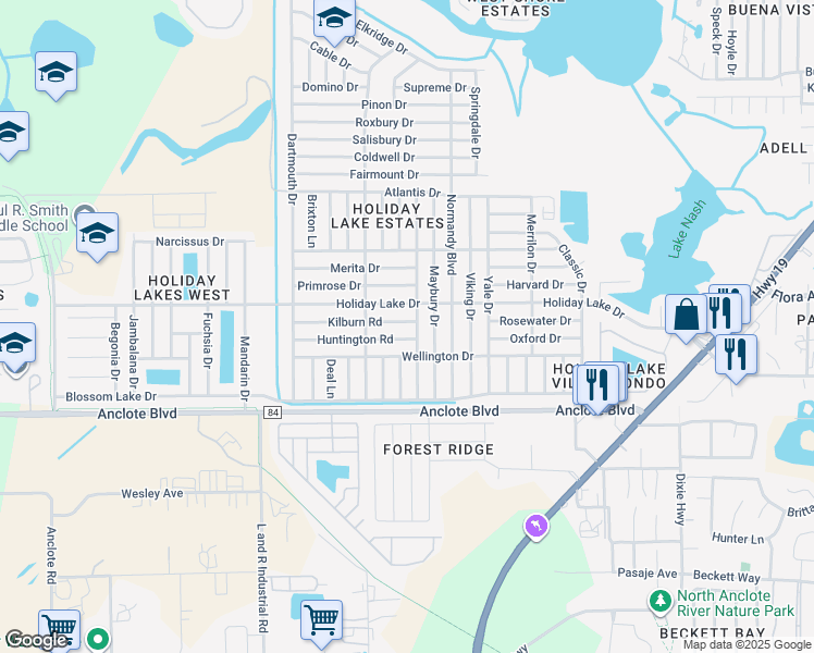 map of restaurants, bars, coffee shops, grocery stores, and more near 3300 Kilburn Road in Holiday