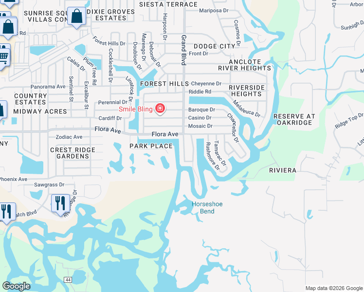 map of restaurants, bars, coffee shops, grocery stores, and more near 1159 Grand Boulevard in Holiday