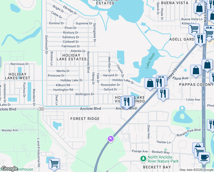 map of restaurants, bars, coffee shops, grocery stores, and more near 3544 Rosewater Drive in Holiday