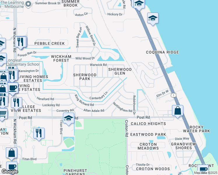 map of restaurants, bars, coffee shops, grocery stores, and more near 2192 Canterbury Lane in Melbourne
