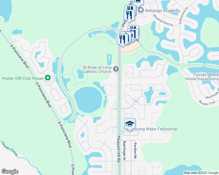 map of restaurants, bars, coffee shops, grocery stores, and more near 3502 Warbler Way in Kissimmee