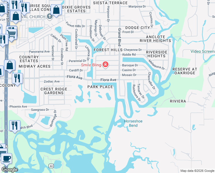 map of restaurants, bars, coffee shops, grocery stores, and more near 5323 Boardwalk Street in Holiday