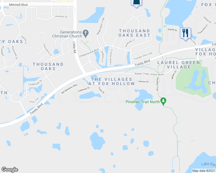 map of restaurants, bars, coffee shops, grocery stores, and more near 9233 Bonnington Drive in Trinity