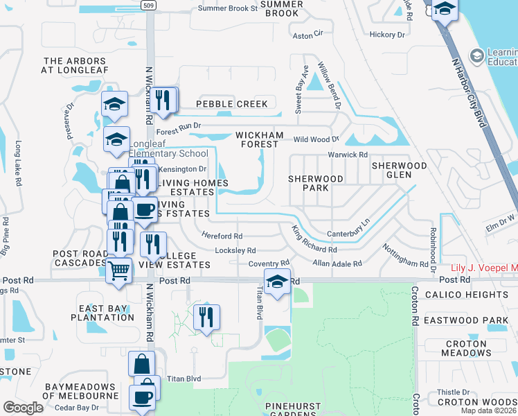 map of restaurants, bars, coffee shops, grocery stores, and more near 4265 Wood Haven Drive in Melbourne