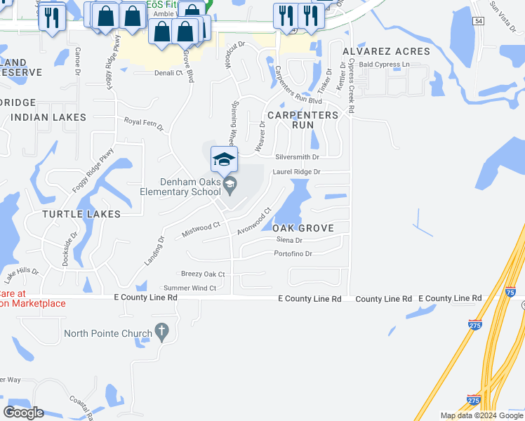 map of restaurants, bars, coffee shops, grocery stores, and more near 1317 Avonwood Court in Lutz