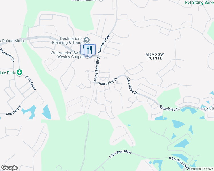 map of restaurants, bars, coffee shops, grocery stores, and more near 1315 Denman Court in Wesley Chapel