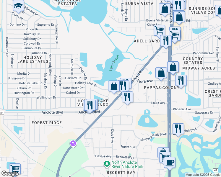 map of restaurants, bars, coffee shops, grocery stores, and more near 3923 Holiday Lake Drive in Holiday