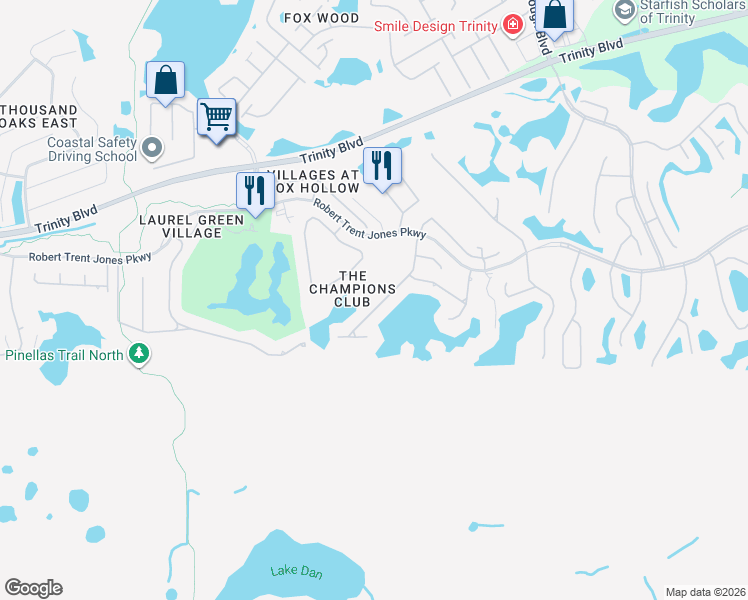 map of restaurants, bars, coffee shops, grocery stores, and more near 1109 Toscano Drive in Trinity