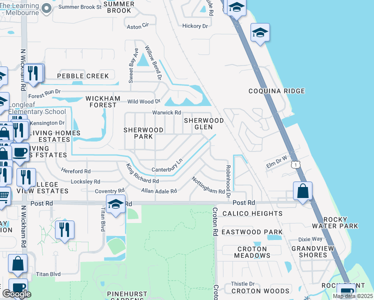 map of restaurants, bars, coffee shops, grocery stores, and more near 2192 Canterbury Lane in Melbourne