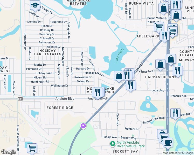 map of restaurants, bars, coffee shops, grocery stores, and more near 1141 Bowsprit Lane in Holiday