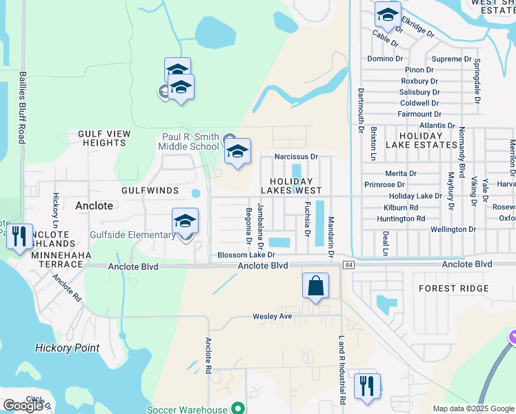 map of restaurants, bars, coffee shops, grocery stores, and more near 1201 Jambalana Drive in Holiday