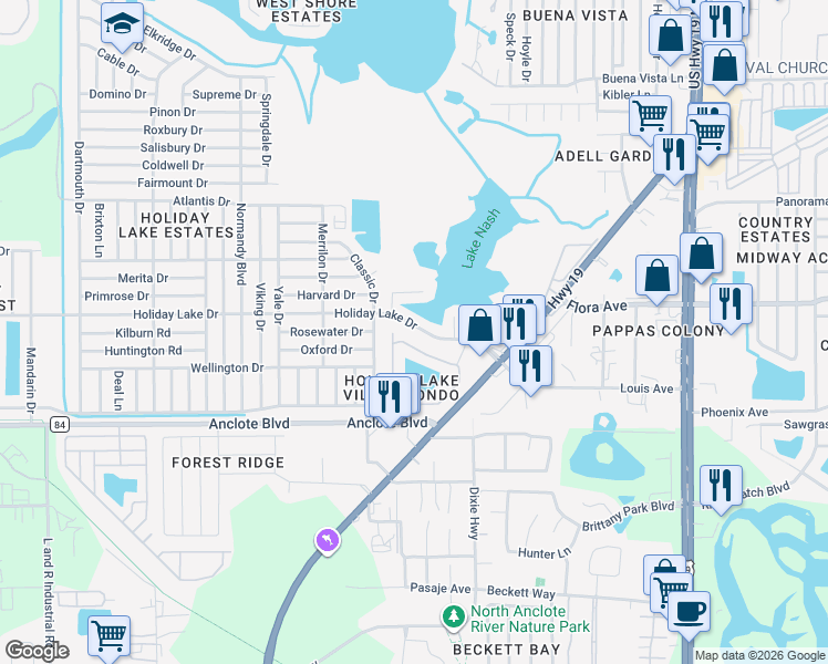 map of restaurants, bars, coffee shops, grocery stores, and more near 3836 Holiday Lake Drive in Holiday