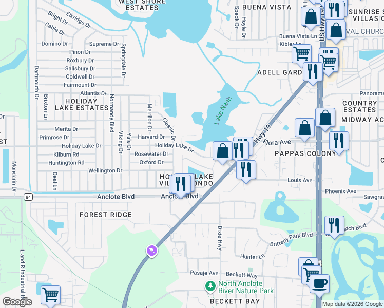 map of restaurants, bars, coffee shops, grocery stores, and more near 3836 Holiday Lake Drive in Holiday