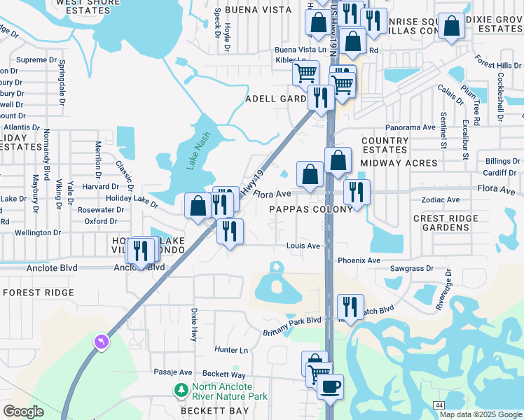 map of restaurants, bars, coffee shops, grocery stores, and more near 1152 Lord St in Holiday