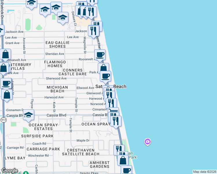 map of restaurants, bars, coffee shops, grocery stores, and more near 1299 North SR-A1A in Satellite Beach