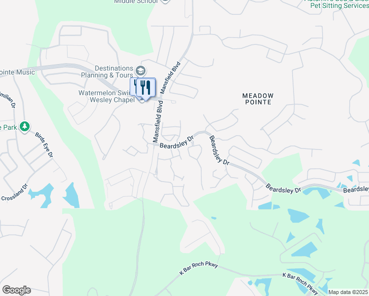 map of restaurants, bars, coffee shops, grocery stores, and more near 1315 Denman Court in Wesley Chapel
