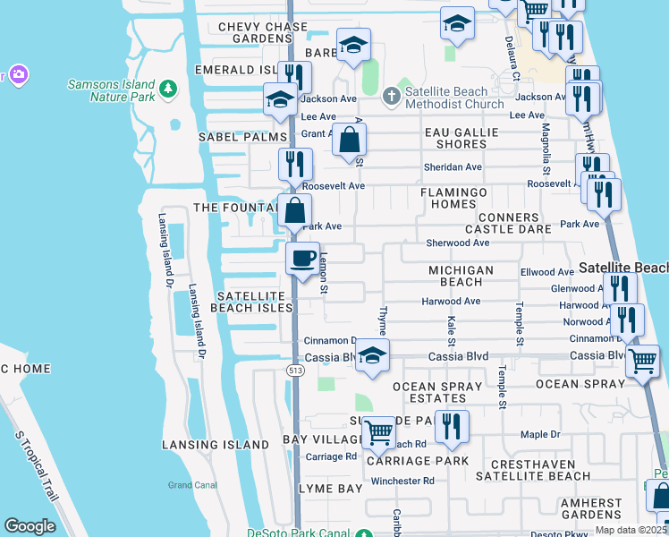 map of restaurants, bars, coffee shops, grocery stores, and more near 585 Teakwood Avenue in Satellite Beach
