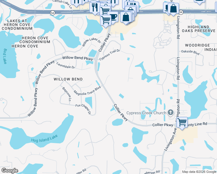 map of restaurants, bars, coffee shops, grocery stores, and more near 1300 Collier Parkway in Lutz