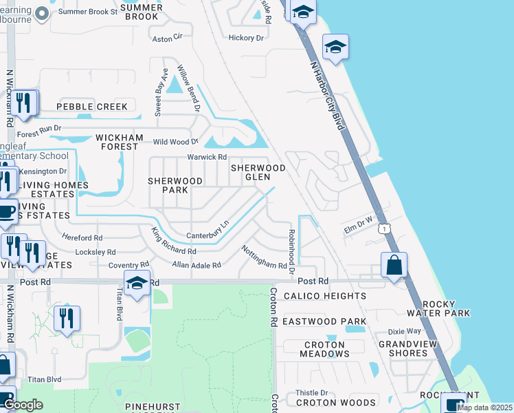 map of restaurants, bars, coffee shops, grocery stores, and more near 2114 King Richard Road in Melbourne