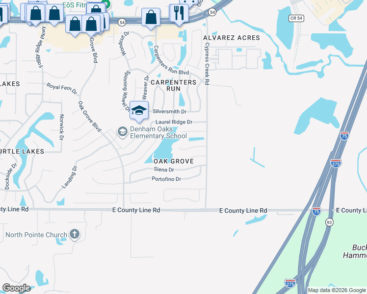 map of restaurants, bars, coffee shops, grocery stores, and more near 24839 Panacea Court in Lutz