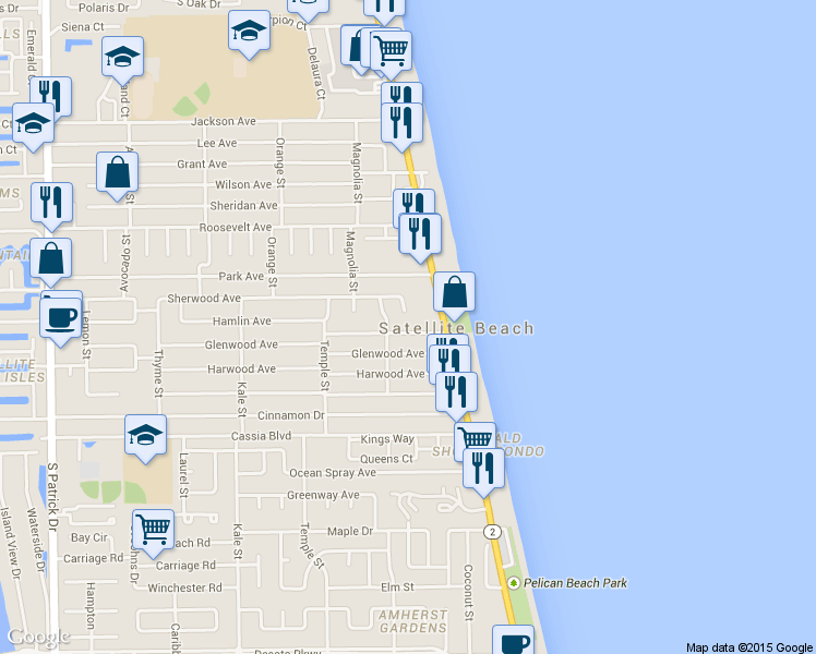 map of restaurants, bars, coffee shops, grocery stores, and more near 160 Ellwood Avenue in Satellite Beach