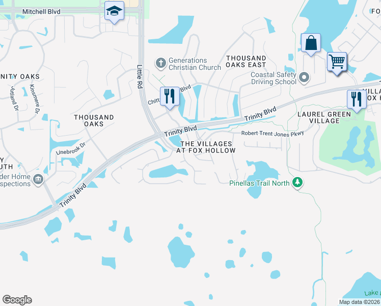 map of restaurants, bars, coffee shops, grocery stores, and more near 9233 Bonnington Drive in Trinity