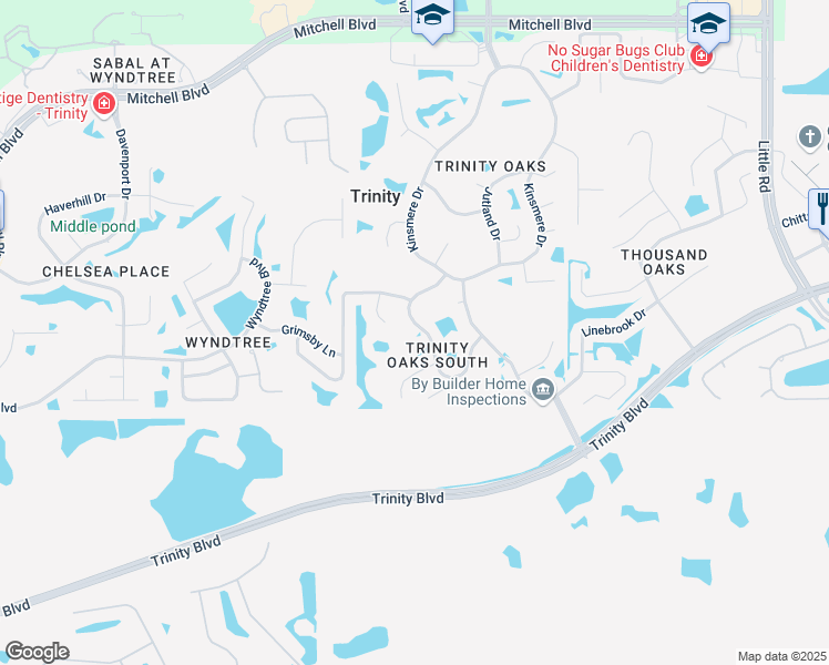 map of restaurants, bars, coffee shops, grocery stores, and more near 1151 Maravista Drive in Trinity