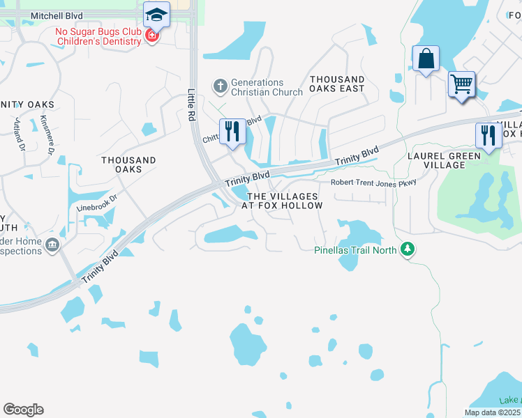 map of restaurants, bars, coffee shops, grocery stores, and more near 9212 Bonnington Drive in Trinity