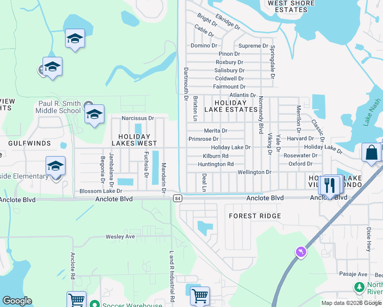 map of restaurants, bars, coffee shops, grocery stores, and more near 1203 Dartmouth Drive in Holiday