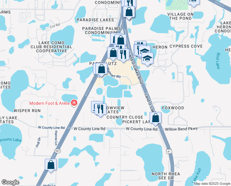 map of restaurants, bars, coffee shops, grocery stores, and more near 1221 Country Close Drive in Lutz