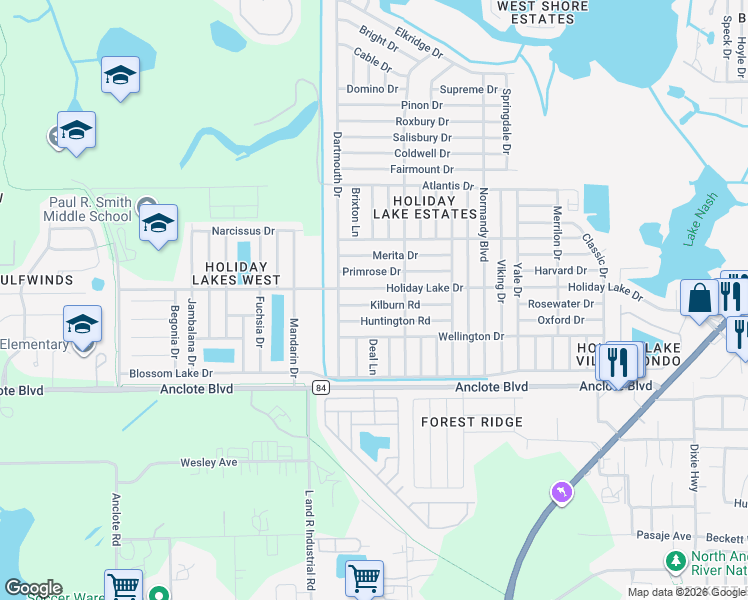 map of restaurants, bars, coffee shops, grocery stores, and more near 3110 Kilburn Road in Holiday