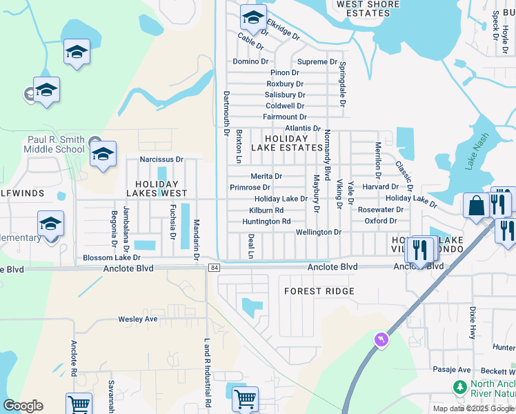 map of restaurants, bars, coffee shops, grocery stores, and more near 3110 Kilburn Road in Holiday