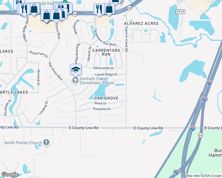 map of restaurants, bars, coffee shops, grocery stores, and more near 24839 Panacea Court in Lutz